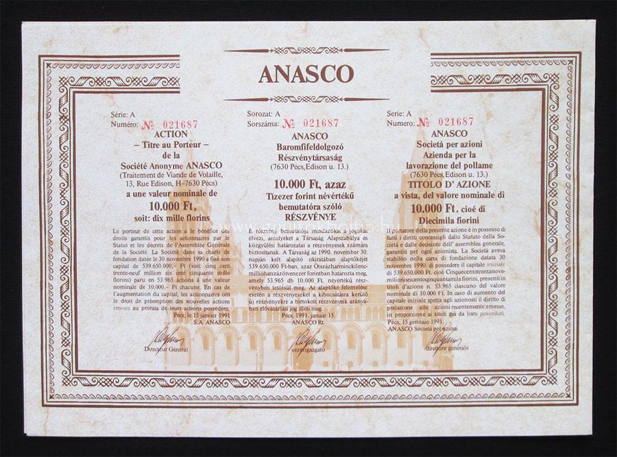 Anasco Baromfifeldolgoz� Rt. r�szv�ny 10000 forint 1991 P�cs